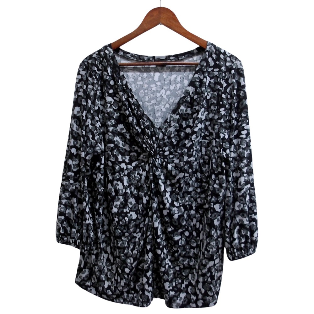 Rafaella Womens 2X Black White Grey Print Twist Front V Neck Top /#1309